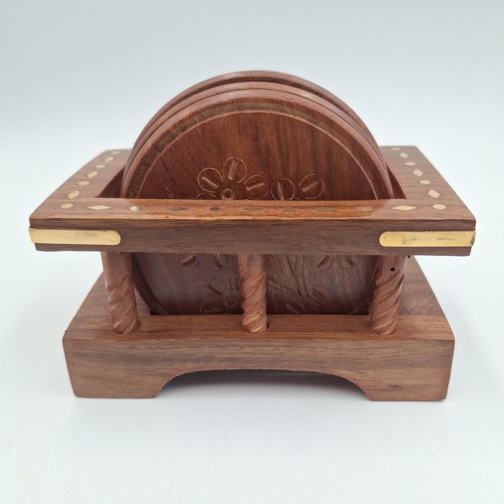 Kapasi Handcrafted Wooden Coaster Set of‎ 6 & Holder Carved Flower Brass Inlay